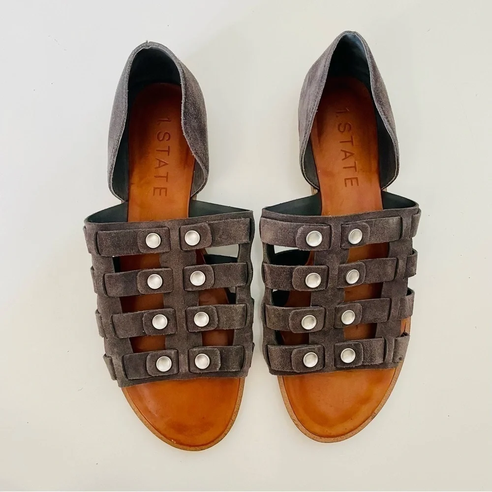 1. STATE Telle Grey Leather Studded Strappy Sandals